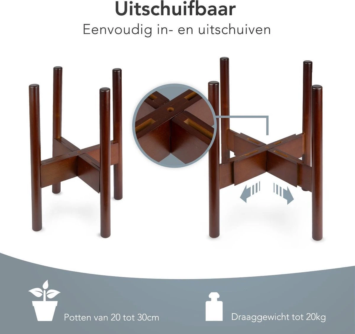 LifeGoods Planten Standaard - Uitschuifbare Bloempothouder - 20 Tot 30 Cm - Donker Bamboe - Afbeelding 2