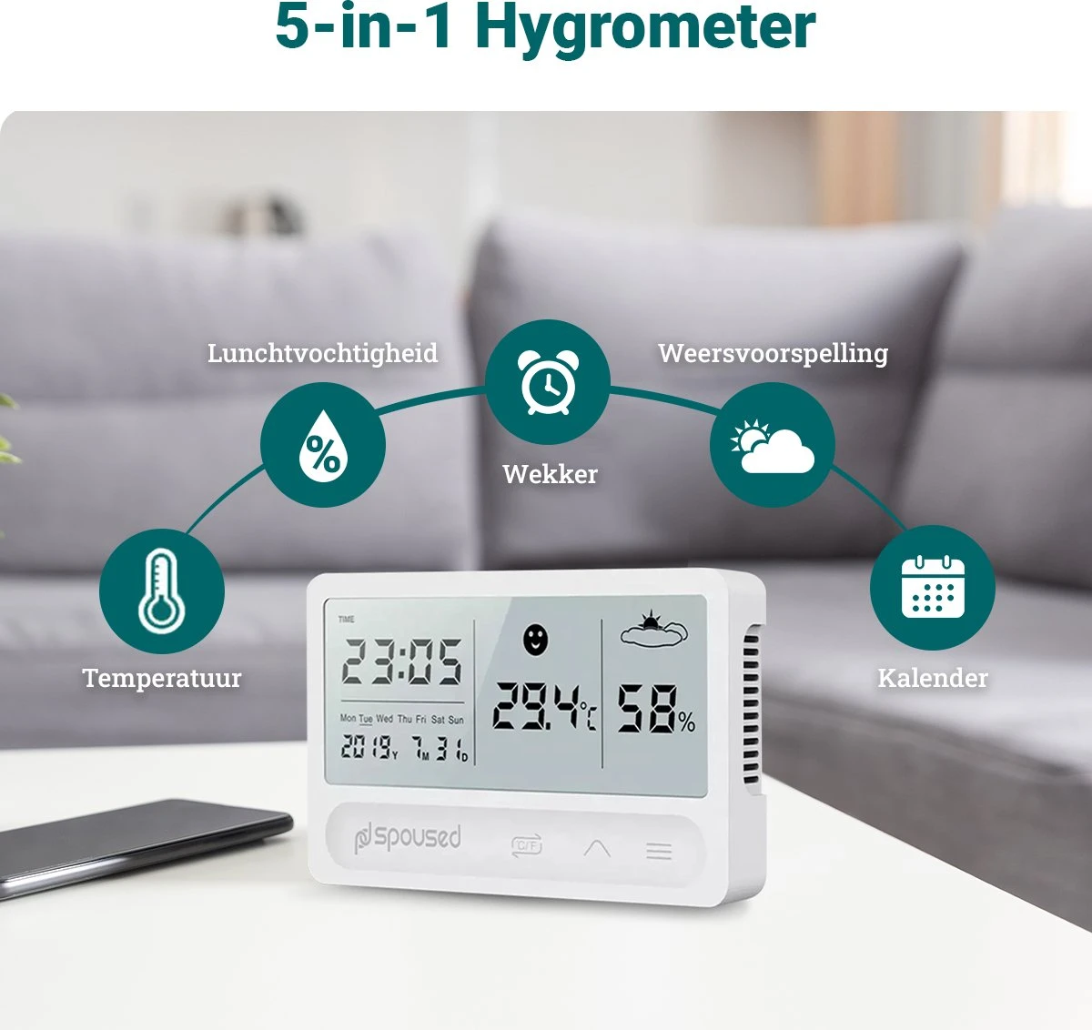 Spoused Digitale Hygrometer - Thermometer Voor Binnen - Luchtvochtigheidsmeter - Weerstation - Wit - Afbeelding 2
