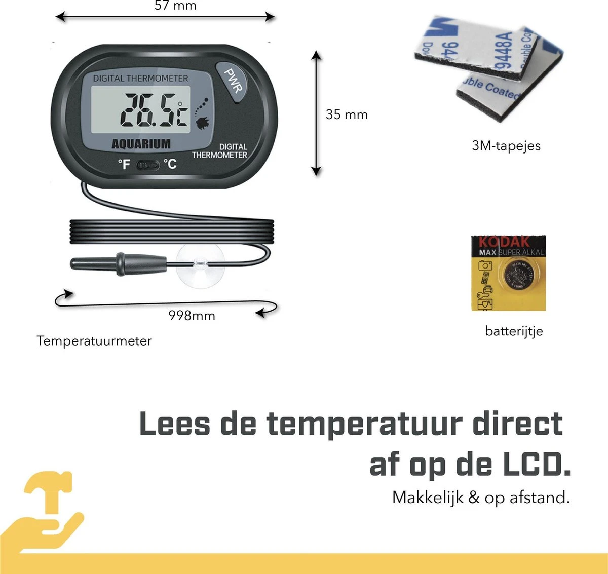 Tool Meister AQM1- Aquarium Thermometer Met Sonde - Binnen & Buiten - Koken/Zwembad/Koelkast- 1 Meter - Zwart - Incl Batterijen - Afbeelding 8