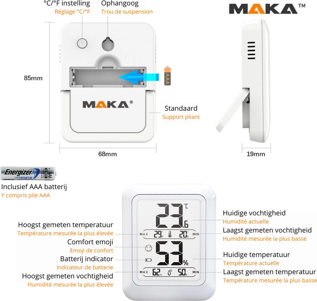 MAKA Digitale Hygrometer - Thermometer Binnen - Luchtvochtigheidsmeter - Afbeelding 2