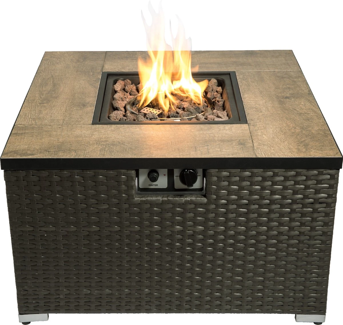 Teamson Home Vierkant Propaan Gas Vuurtafel - Vuurkorf Buiten - Geen Rook - Terrashaard - Rotan/Metaal - Met Windscherm, Lavastenen & Omslag - Afbeelding 19