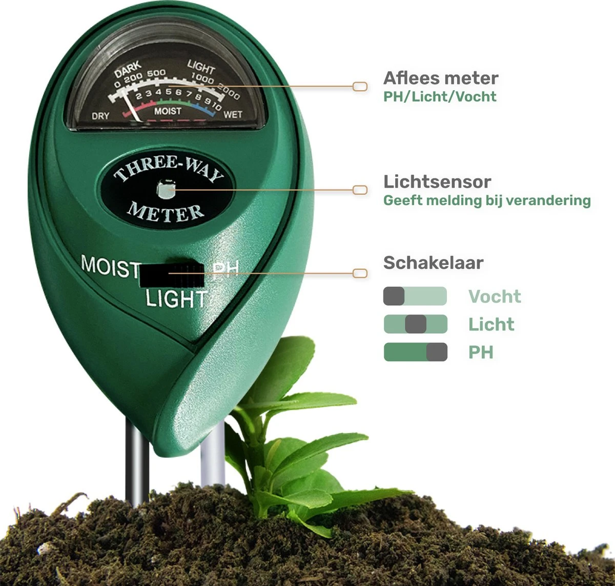 LBB 3 In 1 Soil Meter - PH Meter - Vocht Meter - Licht Meter - Universeel - Vochtigheidsmeter - Vochtmeter Planten - Afbeelding 3