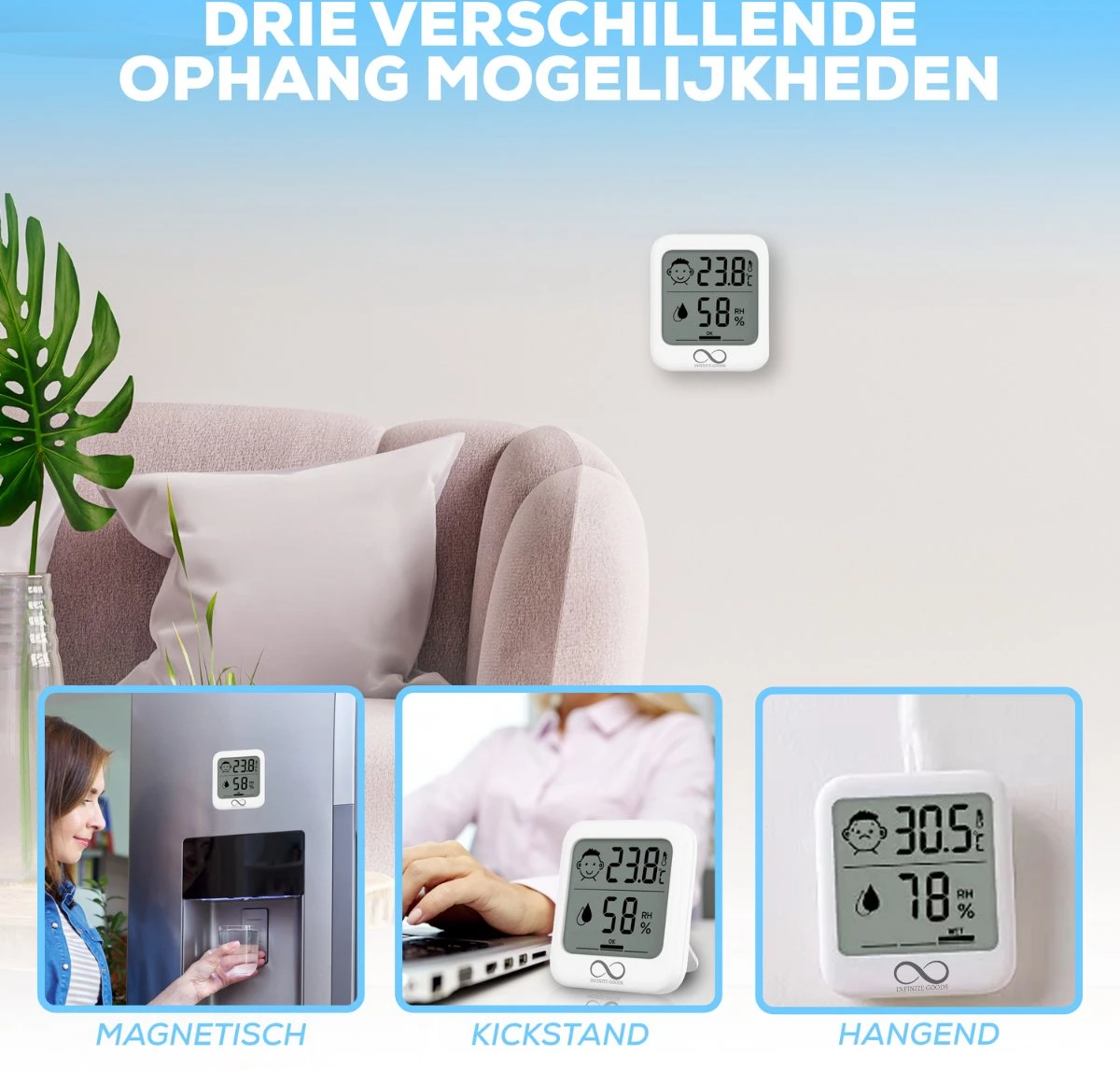 Infinite Goods Hygrometer - Digitale Weerstation - Luchtvochtigheidsmeter - Thermometer Voor Binnen - Vochtmeter - Magneten/Ophangoog - Incl. Batterij - Afbeelding 4