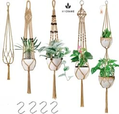 5 Stuks Jute Macrame Plantenhangers - Boho Handgeweven Katoen Hangpot Voor Binnen/Buiten - Hangende Bloempot Met Kralen - Macramé Touw/Koord Hangplant Houder - Bohemian Wandhanger Decoratie - Plant Hanger - Verticale Tuin Bloempothouder Planthanger