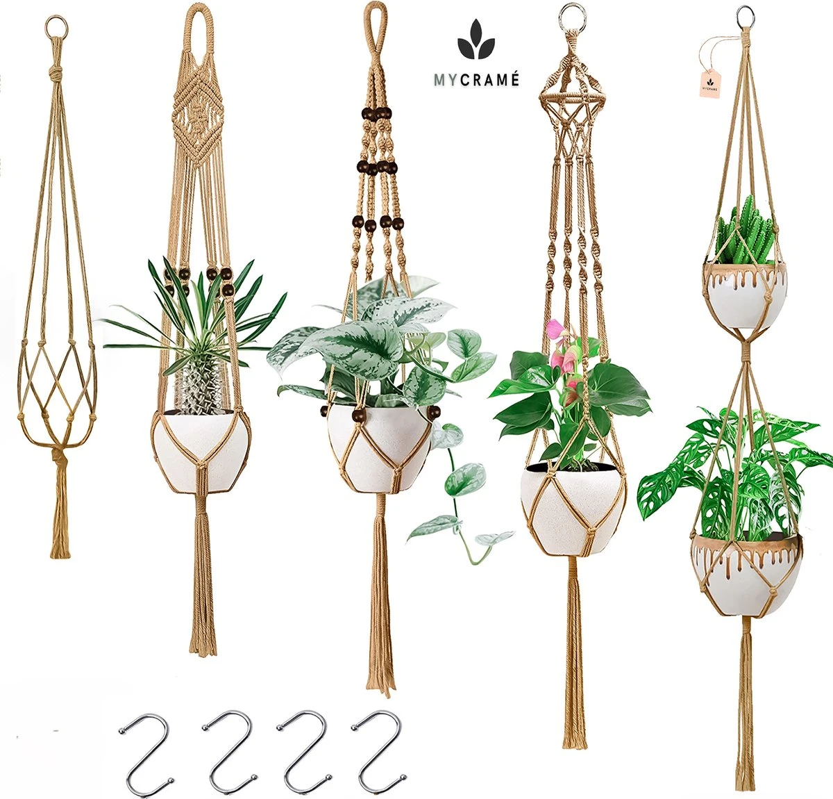 5 Stuks Jute Macrame Plantenhangers - Boho Handgeweven Katoen Hangpot Voor Binnen/Buiten - Hangende Bloempot Met Kralen - Macramé Touw/Koord Hangplant Houder - Bohemian Wandhanger Decoratie - Plant Hanger - Verticale Tuin Bloempothouder Planthanger