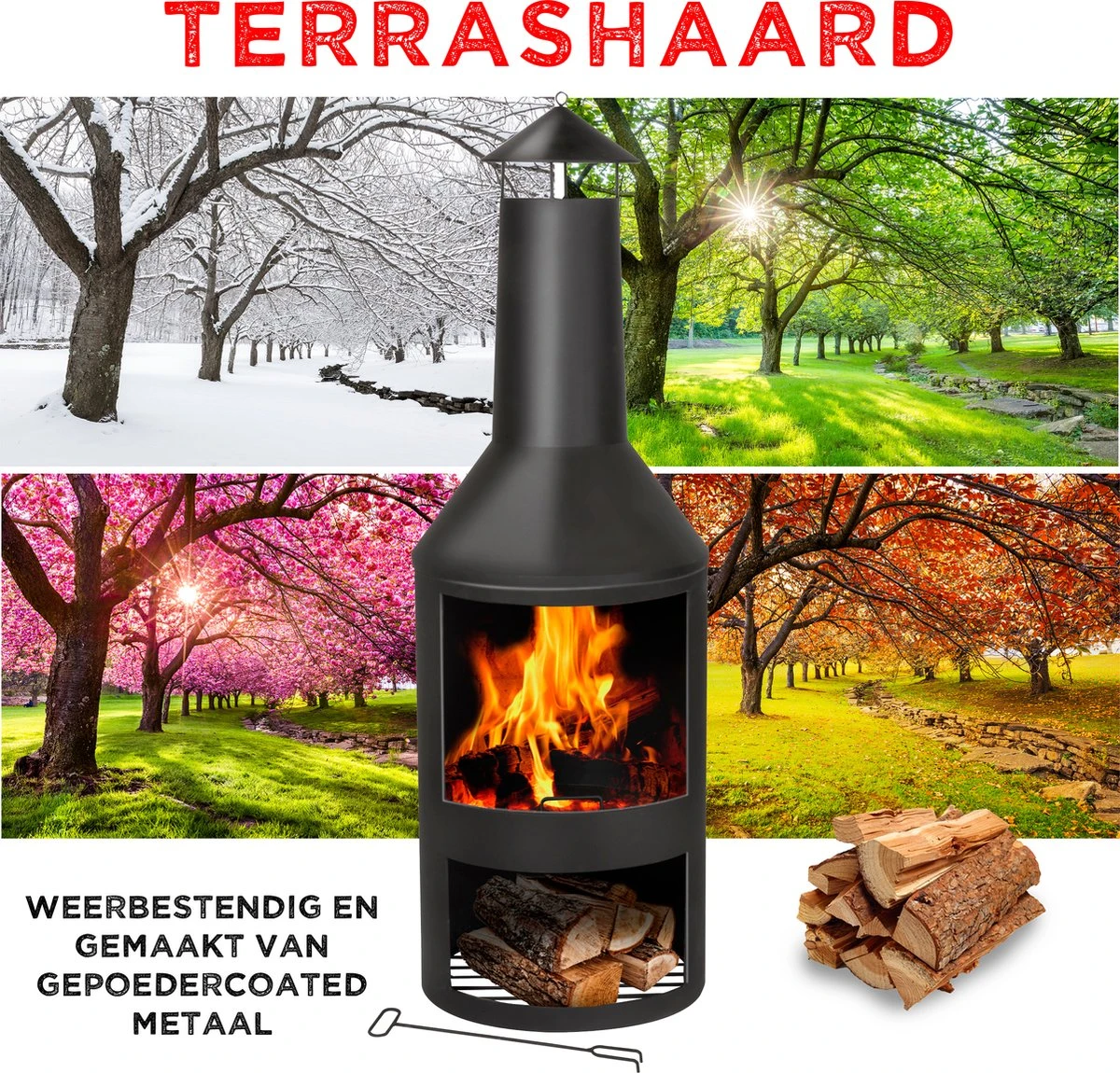 BBQ Collection Terrashaard - Met Schoorsteen - Houtkachel - 134 X 44,5 CM - Inclusief Pook - Zwart - Afbeelding 7