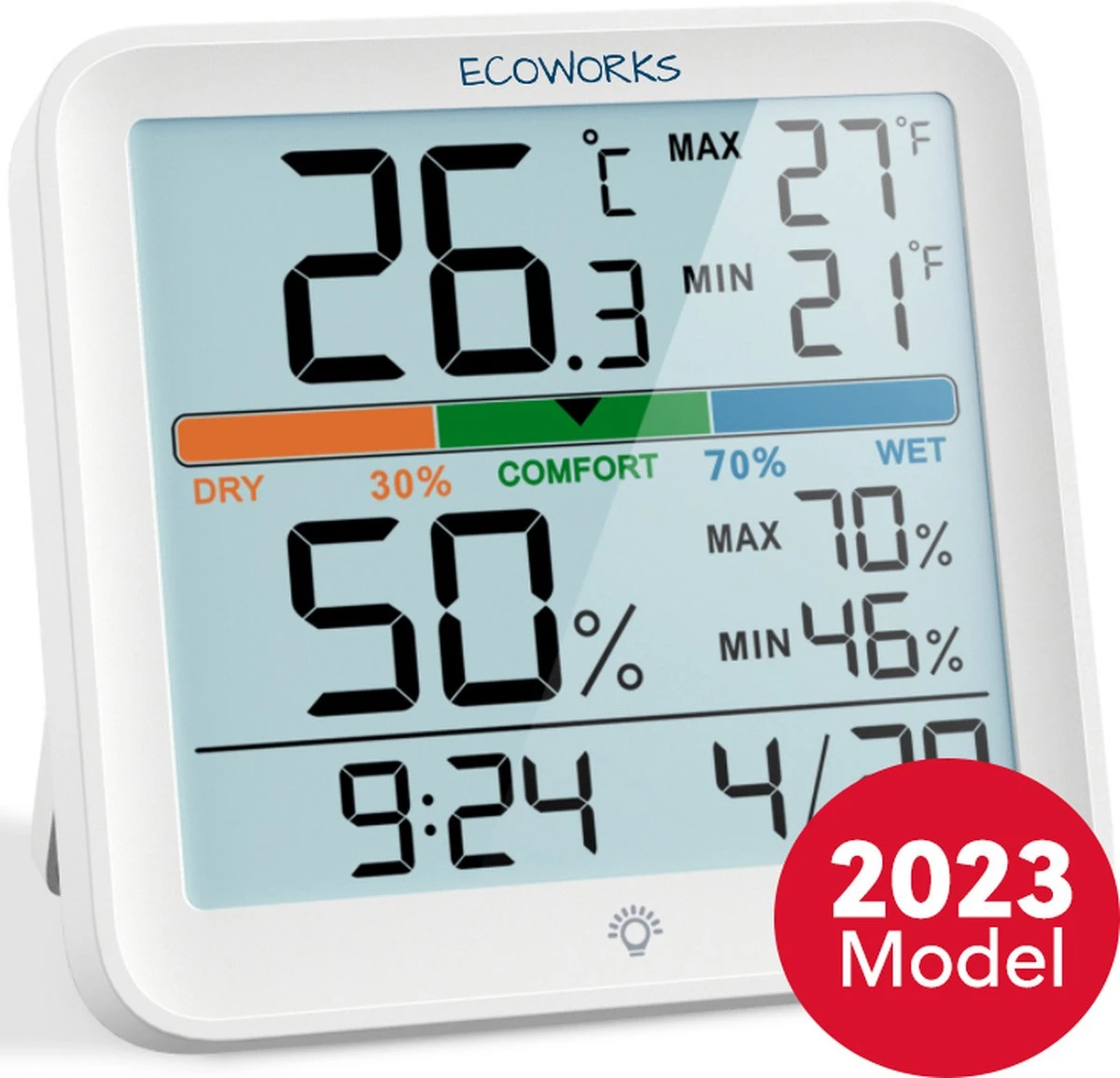 Ecoworks Hygrometer Met Achtergrondverlichting - Incl. Batterijen - Luchtvochtigheidsmeter - Digitaal Weerstation - Thermometer Voor Binnen