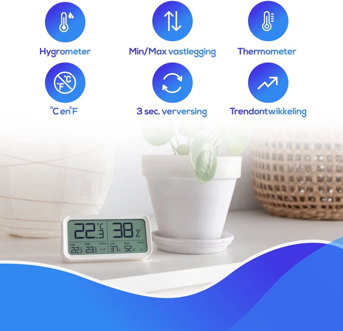 LifeWise Hygrometer Binnen - Luchtvochtigheidsmeter - Min/Max En Trend Weergave - Incl. Batterij - Afbeelding 2