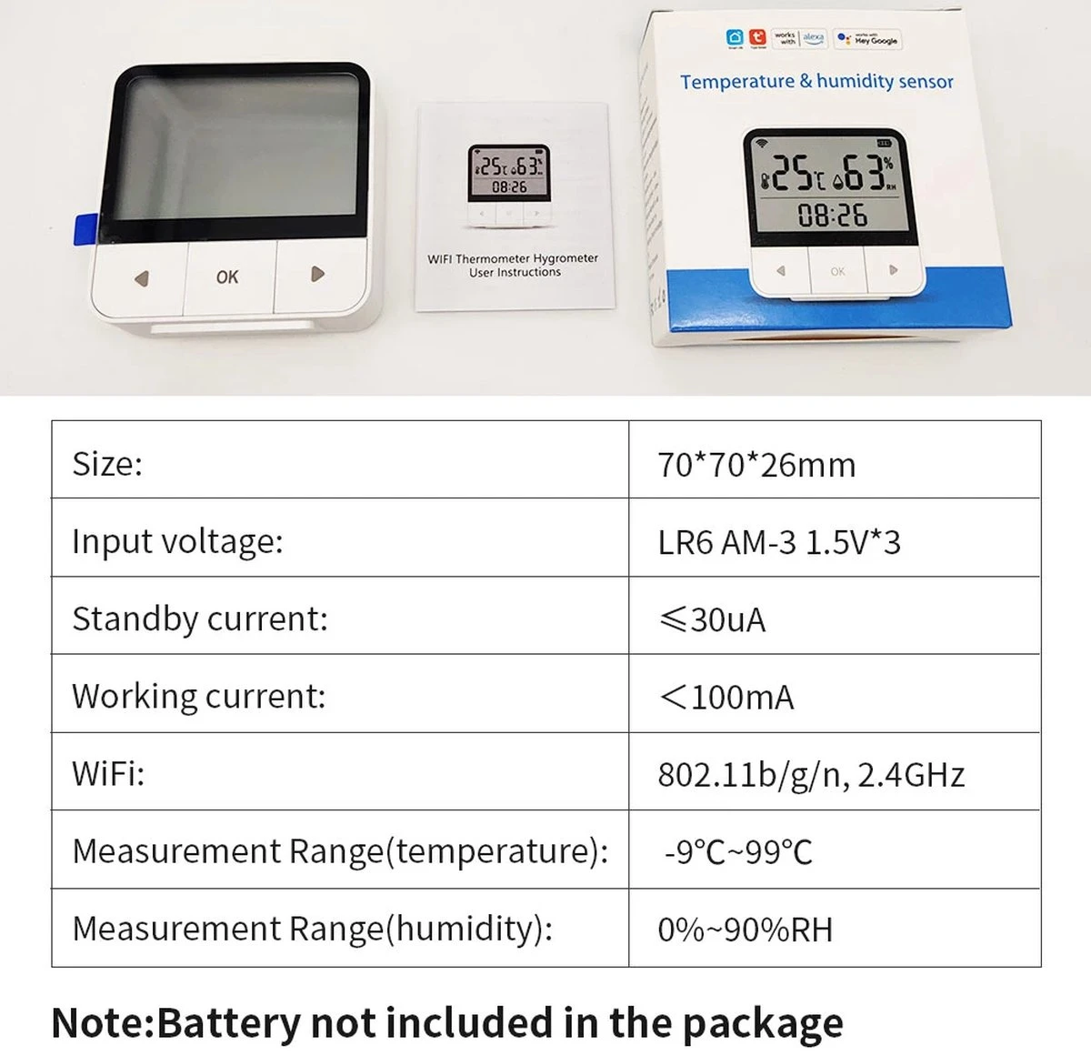 Fastsurfe - Smart WiFi Temperatuur - En Vochtigheidssensor Detector - Wifi App - Indoor Hygrometer - Thermometer - LCD-scherm - Werkt Met Alexa Google Home - Afbeelding 3