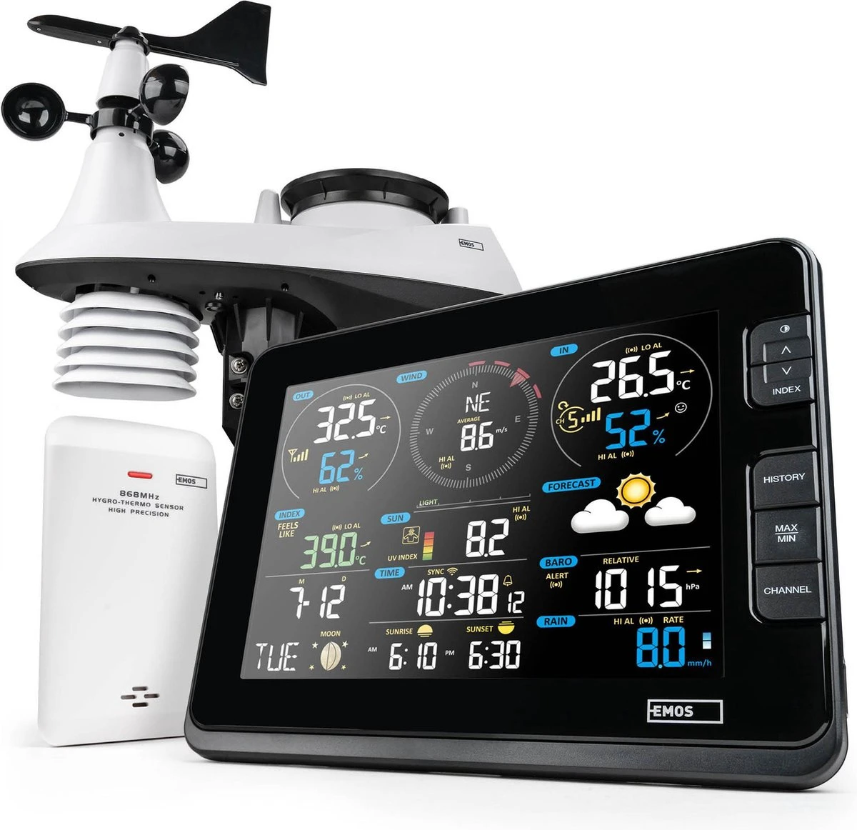 EMOS Weerstation Met Wifi, Draadloos Binnen- En Buitenweersysteem Met Kleurendisplay, Bewaakt Tijd & Datum, Temperatuur, Luchtvochtigheid, Luchtdruk, Comfort & Hitte-index, 12-24 Uursvoorspelling