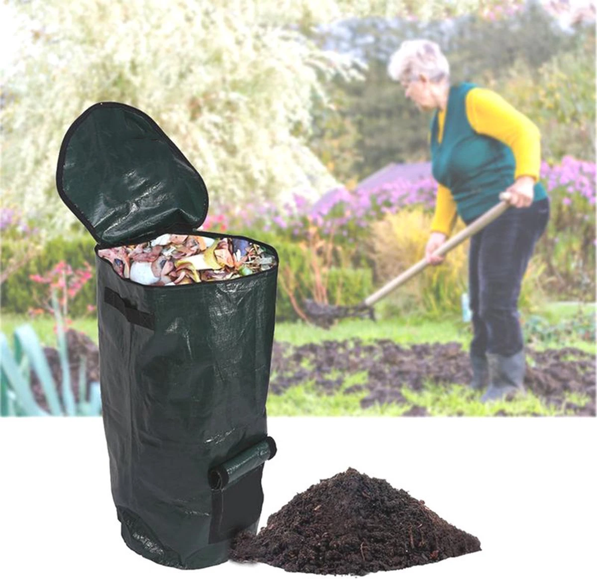 Merkloos TDR - Compostzak Met Grote Capaciteit Voor Tuin - 45 X 45 X 80 Cm - 162 Liter - Donkergroen - Afbeelding 5