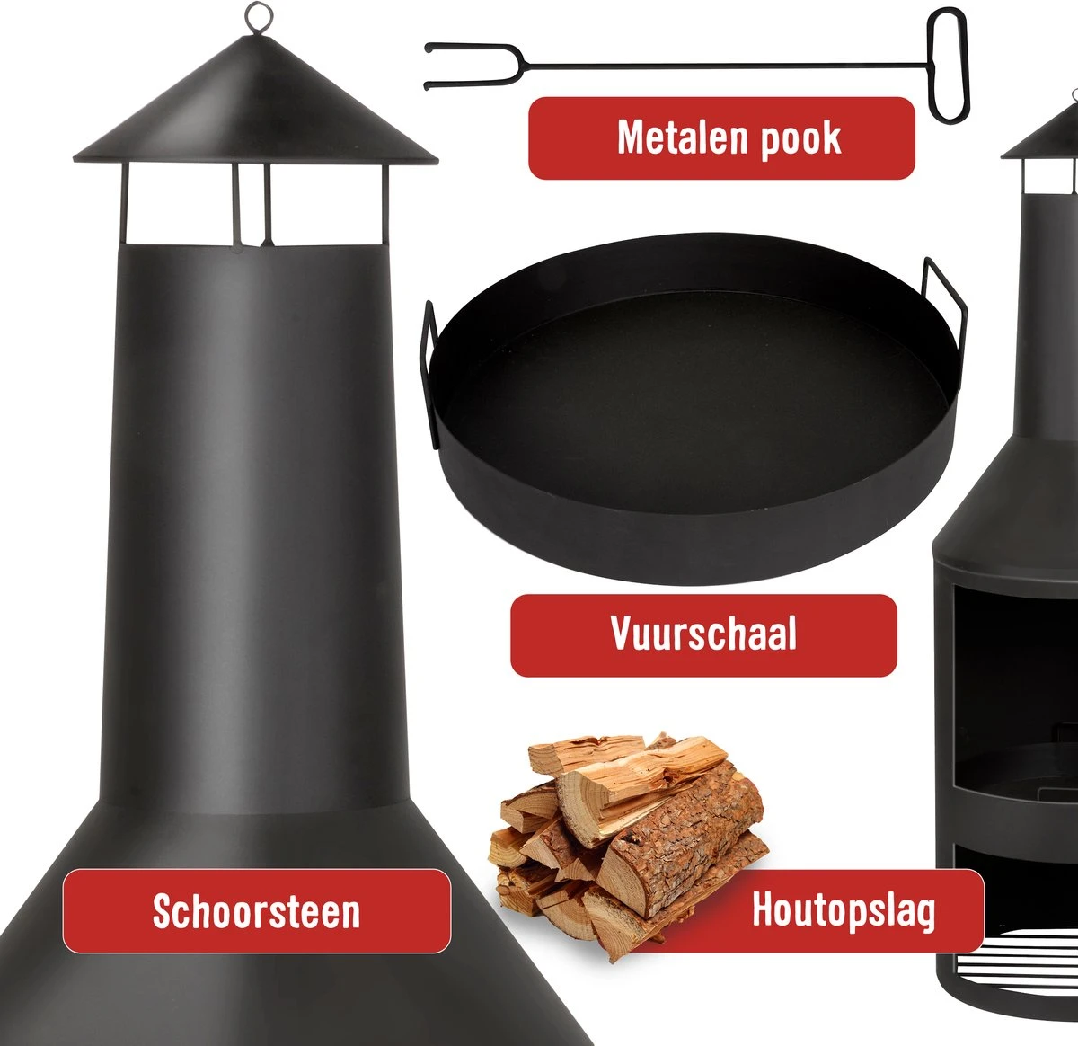 BBQ Collection Terrashaard - Met Schoorsteen - Houtkachel - 134 X 44,5 CM - Inclusief Pook - Zwart - Afbeelding 6