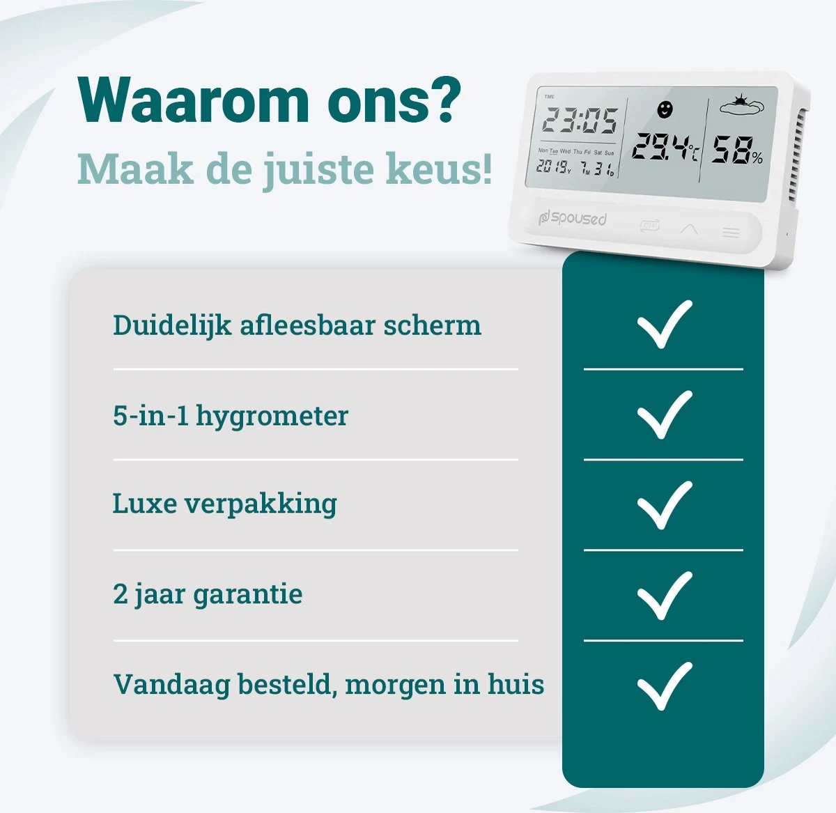 Spoused Digitale Hygrometer - Thermometer Voor Binnen - Luchtvochtigheidsmeter - Weerstation - Wit - Afbeelding 7