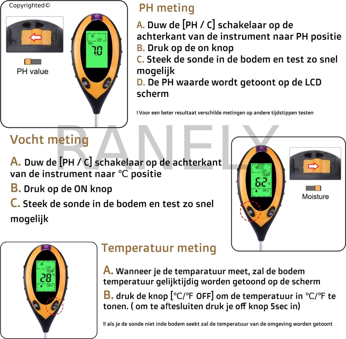 4 In1 Ph Meter Digitaal - Ph Meter Grond - PH Meter - Grondmeter - Vochtmeter - Afbeelding 7