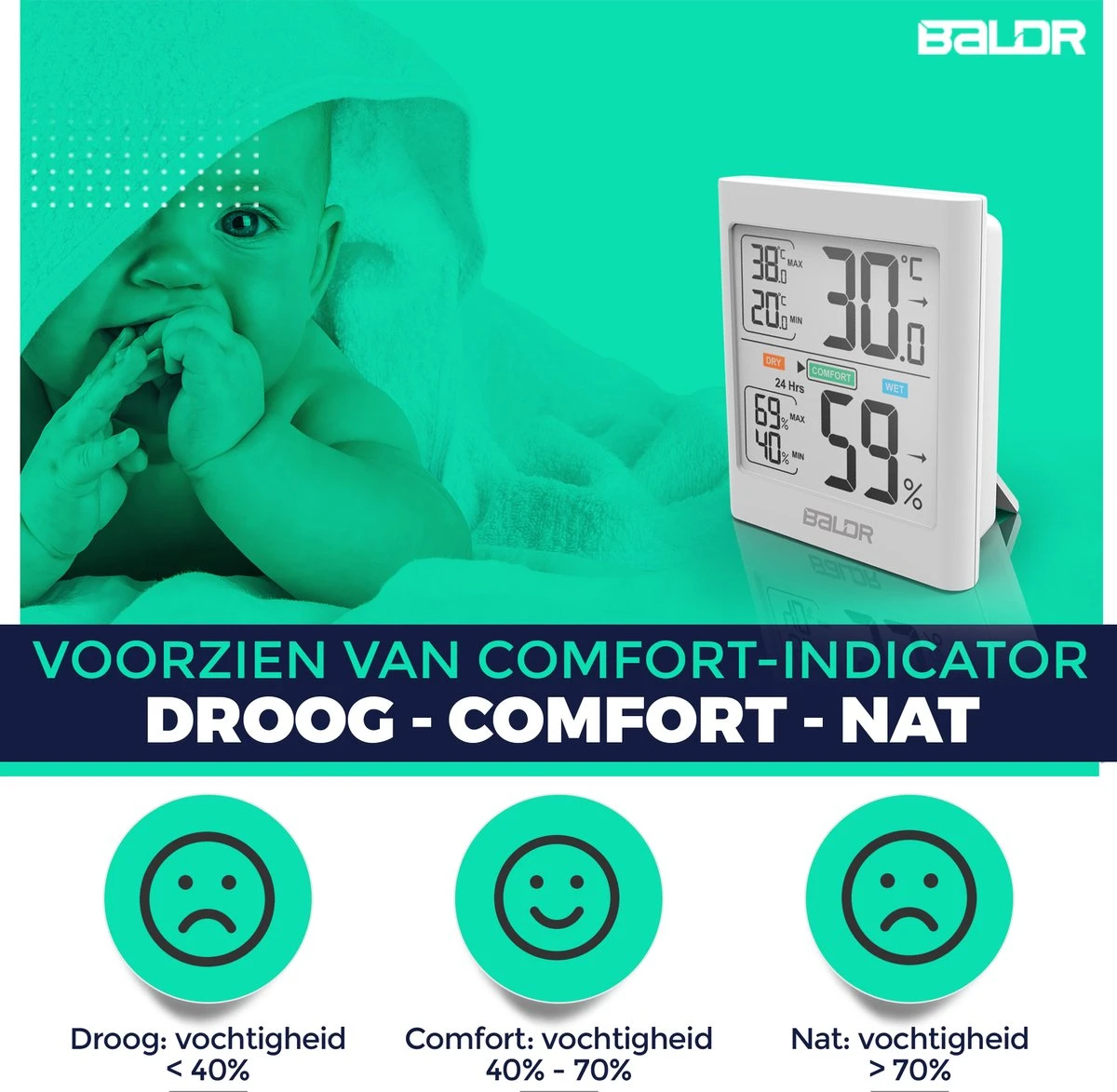 BALDR® Hygrometer - Thermometer - Luchtvochtigheidsmeter - Digitaal Weerstation - Voor Binnen - Wit - Afbeelding 9