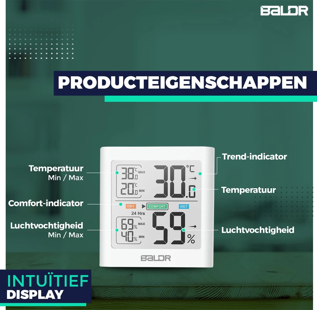 BALDR® Hygrometer - Thermometer - Luchtvochtigheidsmeter - Digitaal Weerstation - Voor Binnen - Wit - Afbeelding 10