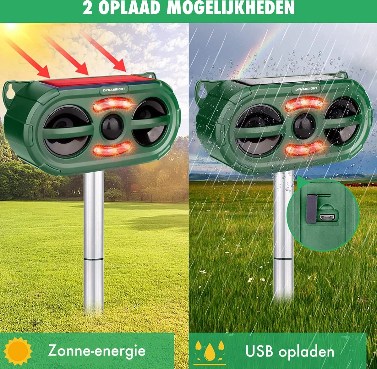 DynaBright - Solar Kattenverjager - Marterverjager - Waterdicht - Honden En Kattenschrik - Muizenverjager - Vogelverjager - Oplaadbare Batterijen - Bewegingssensor - Zonne-energie - USB Lader - Afbeelding 5