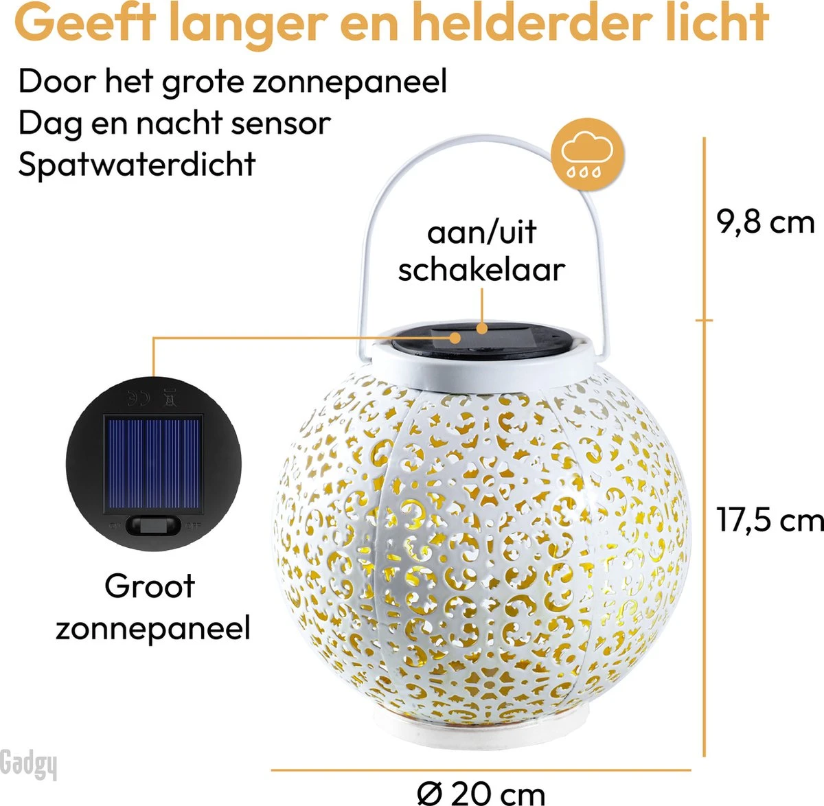 Gadgy Solar Lantaarn Rond Wit - Solar Tuinverlichting Op Zonneenergie - Led Buitenverlichting Met Dag/nacht Sensor - Tuinlantaarn - Hanglamp - Tafellamp Metaal - 20 X Ø17.5 Cm - Afbeelding 7