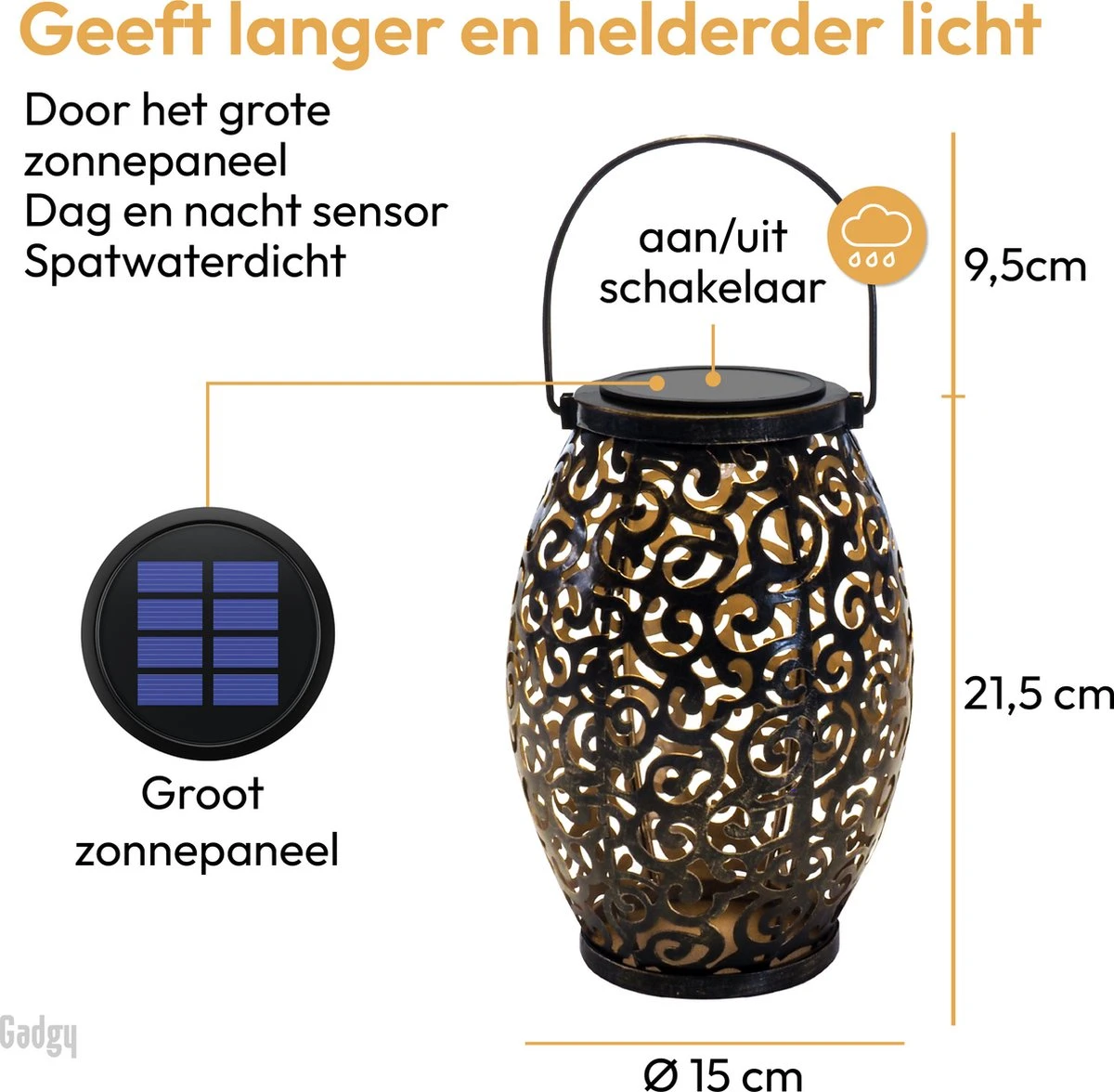 Gadgy Solar Oosterse Lantaarn - Tafellamp Set Van 2 – Solar Tuinverlichting Op Zonneenergie – Led Buitenverlichting Met Dag/Nacht Sensor - Hanglamp - Tuinlantaarn - 21.5 X Ø15CM - Brons - Metaal - Afbeelding 7