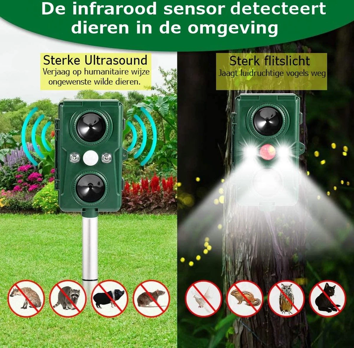 Cosas & Más - Ultrasone Kattenverjager - Marterverjager - Kattenschrik - Vogelverschrikker - Flashlight - Zonne Energie - Met USB Kabel - Afbeelding 2