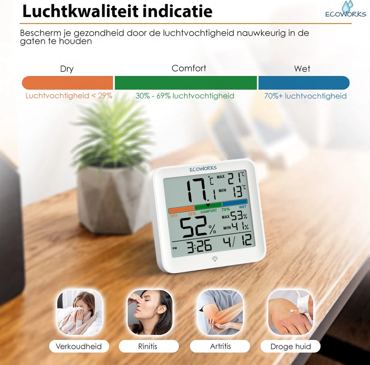 Ecoworks Hygrometer Met Achtergrondverlichting - Incl. Batterijen - Luchtvochtigheidsmeter - Digitaal Weerstation - Thermometer Voor Binnen - Afbeelding 4
