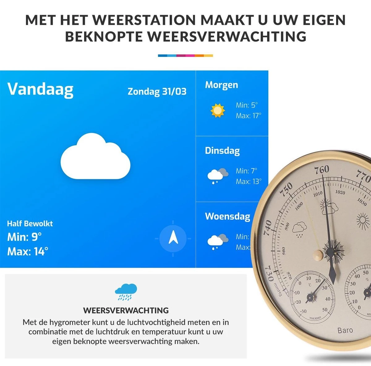 Luxe Barometer Weerstation Met Thermometer En Hygrometer – Messing Goudkleurig – Voor Binnen En Buiten - Afbeelding 3
