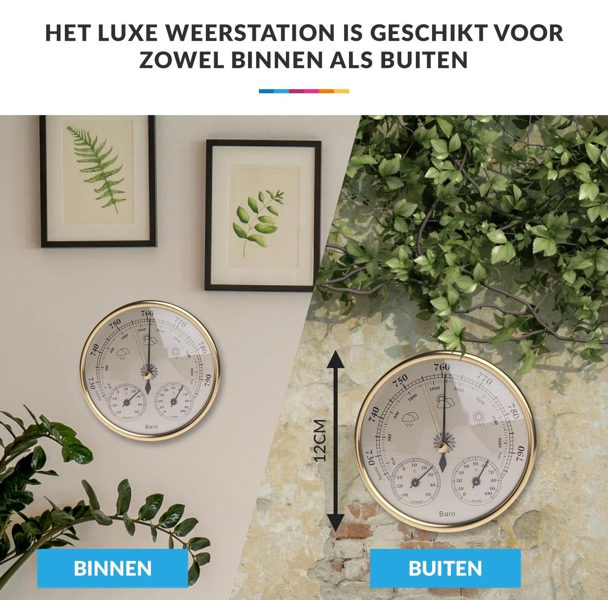 Luxe Barometer Weerstation Met Thermometer En Hygrometer – Messing Goudkleurig – Voor Binnen En Buiten - Afbeelding 4