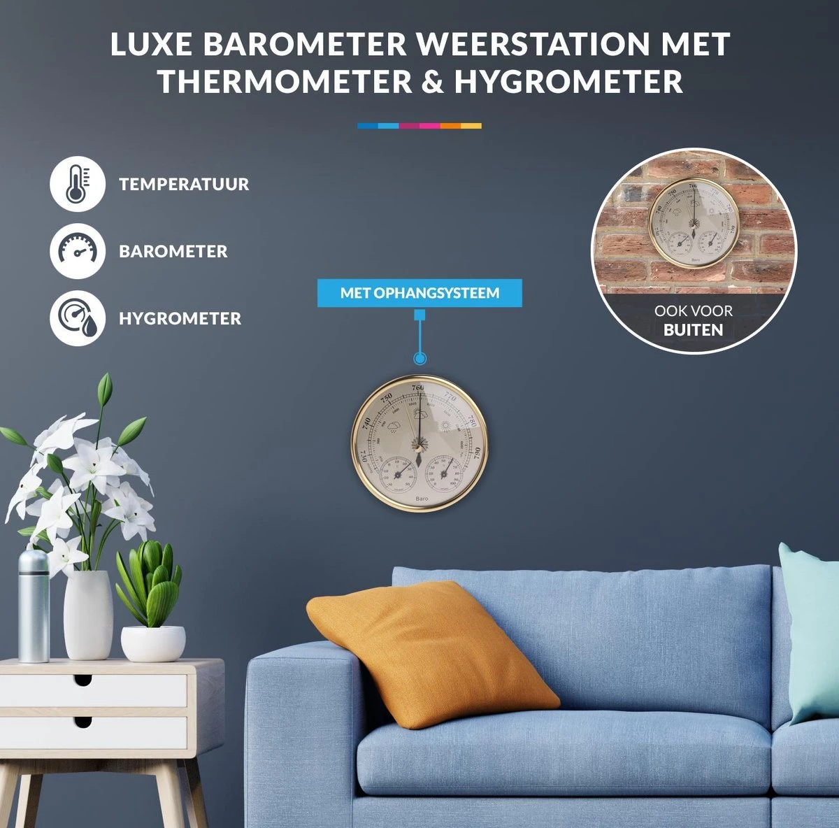 Luxe Barometer Weerstation Met Thermometer En Hygrometer – Messing Goudkleurig – Voor Binnen En Buiten - Afbeelding 10