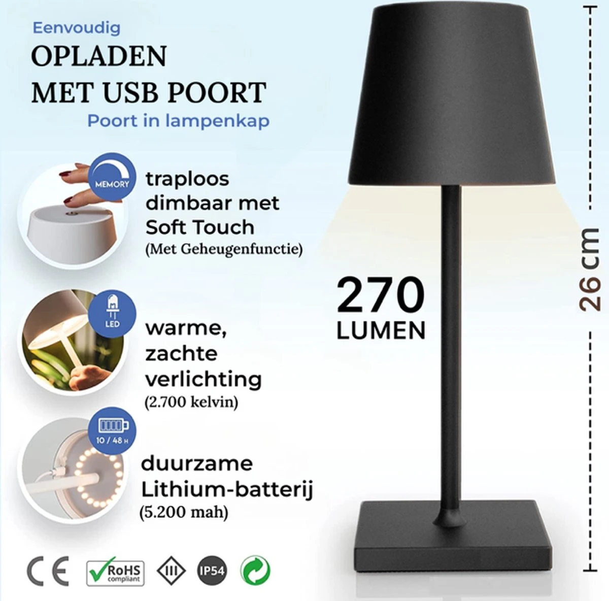 Signity® Mini Oplaadbare Tafellamp - Tafellamp Slaapkamer En Woonkamer - Draadloze Tafellamp Voor Binnen En Buiten - Draadloze Tafellamp Op Batterijen- Tafellamp Oplaadbaar - Tafellamp Zwart - 26cm - Afbeelding 6