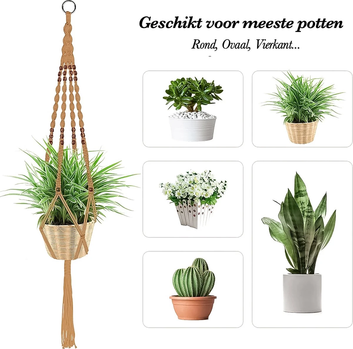 5 Stuks Jute Macrame Plantenhangers - Boho Handgeweven Katoen Hangpot Voor Binnen/Buiten - Hangende Bloempot Met Kralen - Macramé Touw/Koord Hangplant Houder - Bohemian Wandhanger Decoratie - Plant Hanger - Verticale Tuin Bloempothouder Planthanger - Afbeelding 4