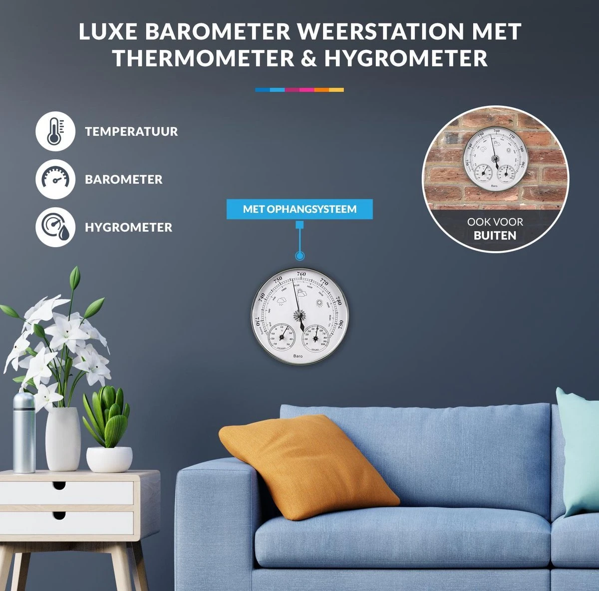 Luxe Barometer Weerstation Met Thermometer Hygrometer Messing Zilverkleurig – Voor Binnen En Buiten - Afbeelding 3