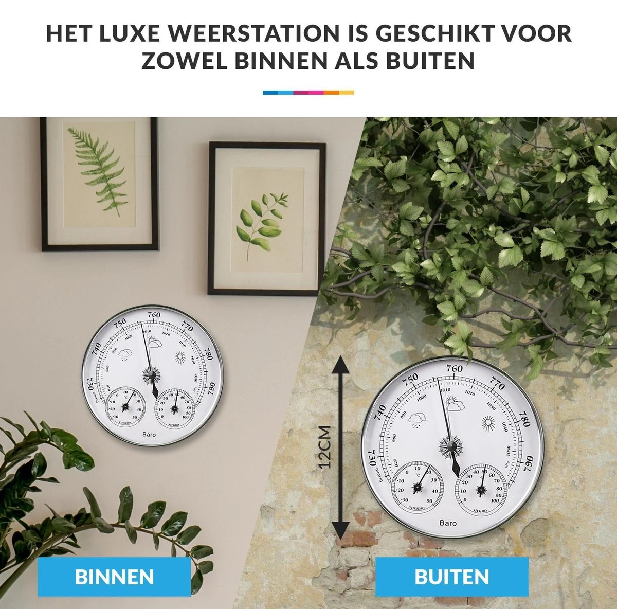 Luxe Barometer Weerstation Met Thermometer Hygrometer Messing Zilverkleurig – Voor Binnen En Buiten - Afbeelding 4