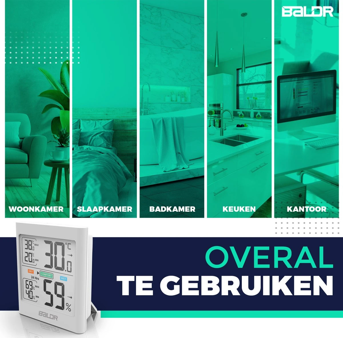 BALDR® Hygrometer - Thermometer - Luchtvochtigheidsmeter - Digitaal Weerstation - Voor Binnen - Wit - Afbeelding 4