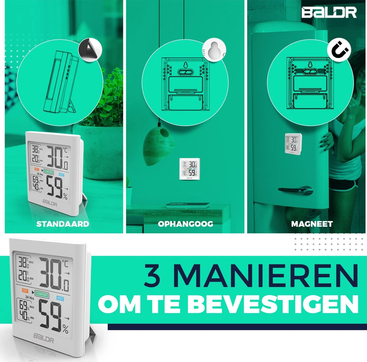 BALDR® Hygrometer - Thermometer - Luchtvochtigheidsmeter - Digitaal Weerstation - Voor Binnen - Wit - Afbeelding 5
