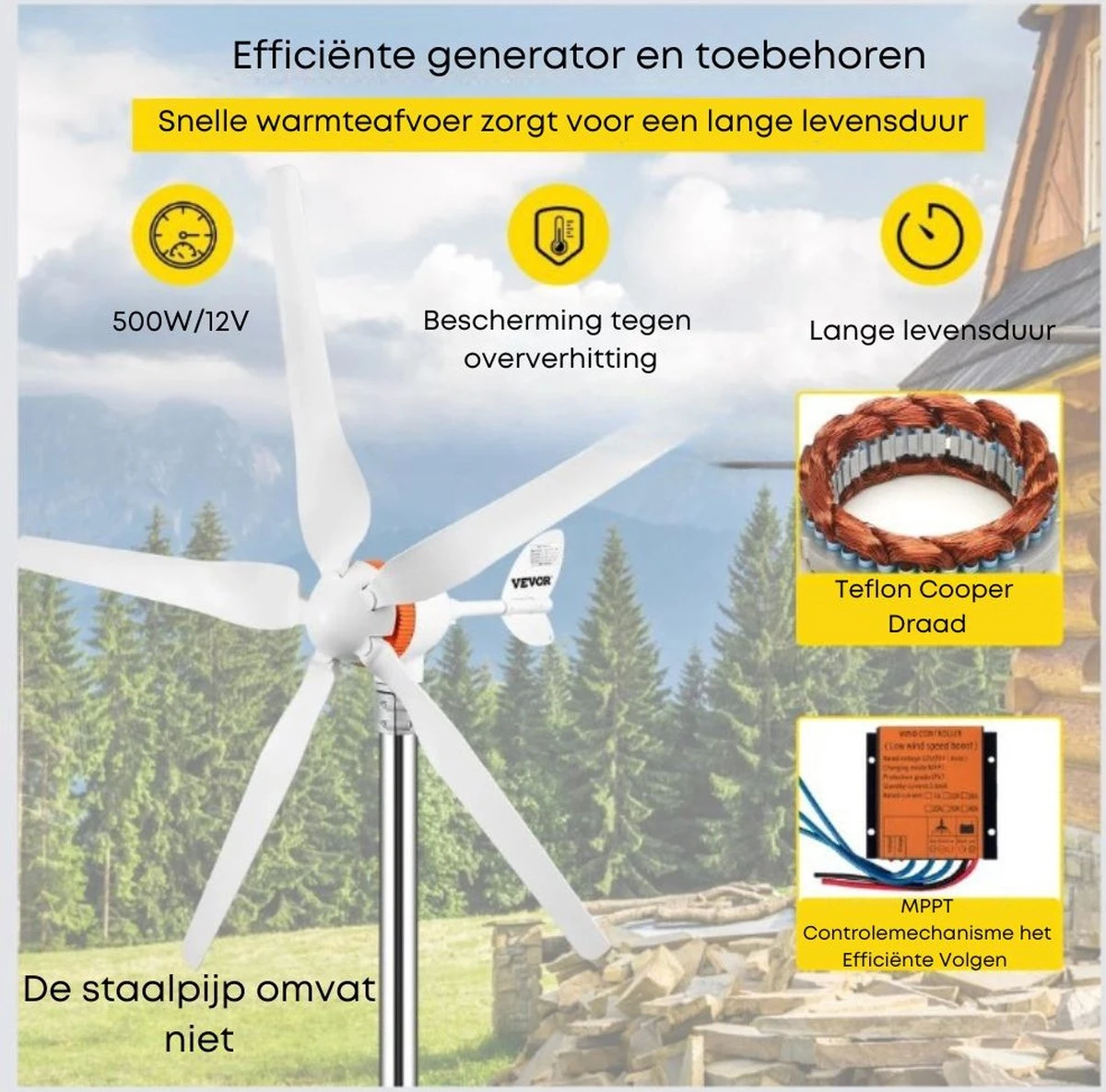Merkloos Windmolen Generator - 500W - Nylon Vezelbladen - Start Bij Lage Windsnelheid - Windturbine - Windmolen - Afbeelding 3