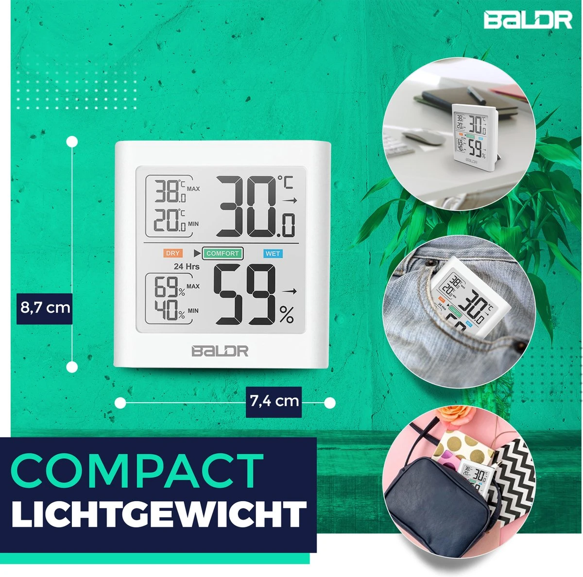 BALDR® Hygrometer - Thermometer - Luchtvochtigheidsmeter - Digitaal Weerstation - Voor Binnen - Wit - Afbeelding 8