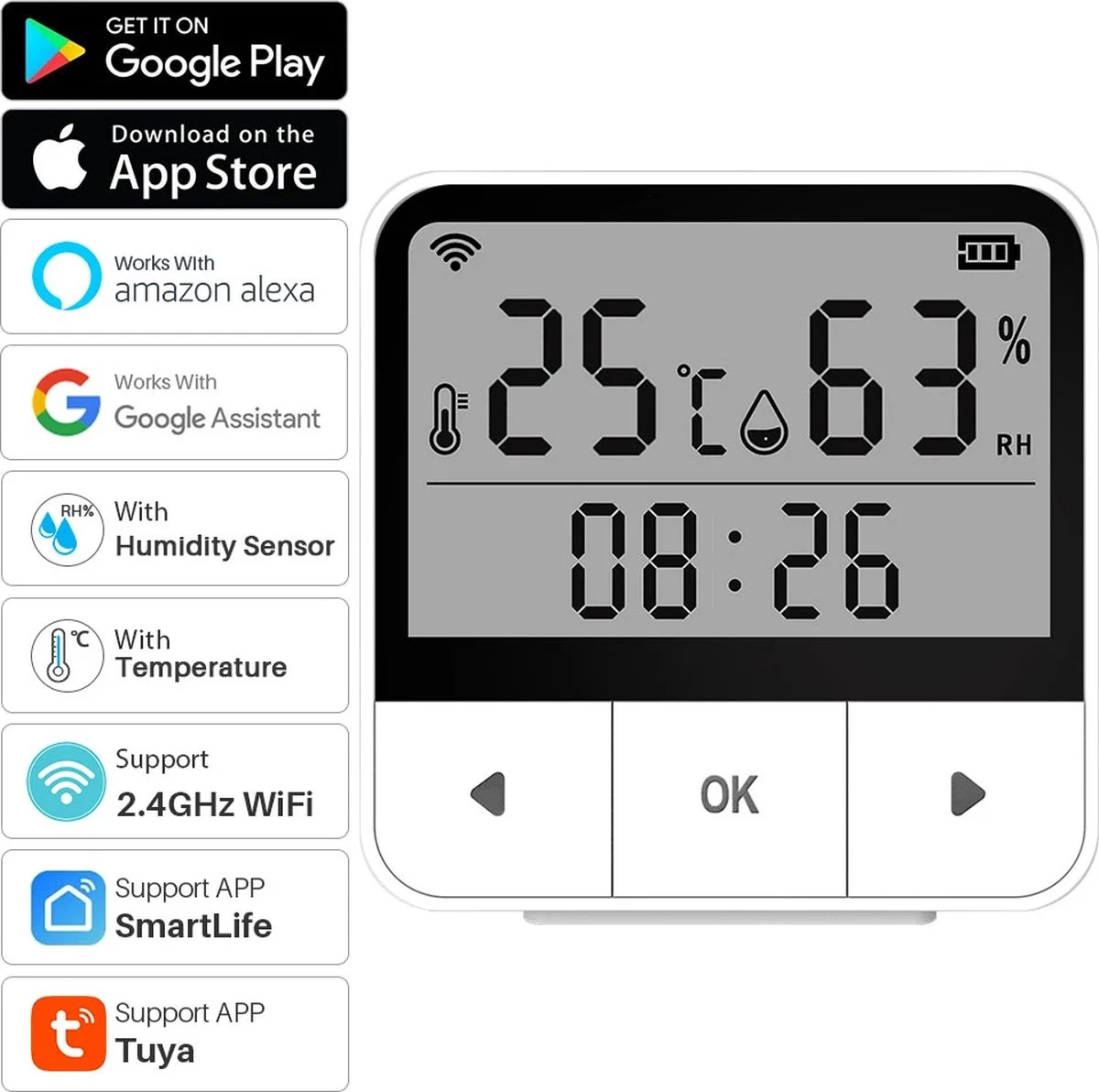 Fastsurfe - Smart WiFi Temperatuur - En Vochtigheidssensor Detector - Wifi App - Indoor Hygrometer - Thermometer - LCD-scherm - Werkt Met Alexa Google Home