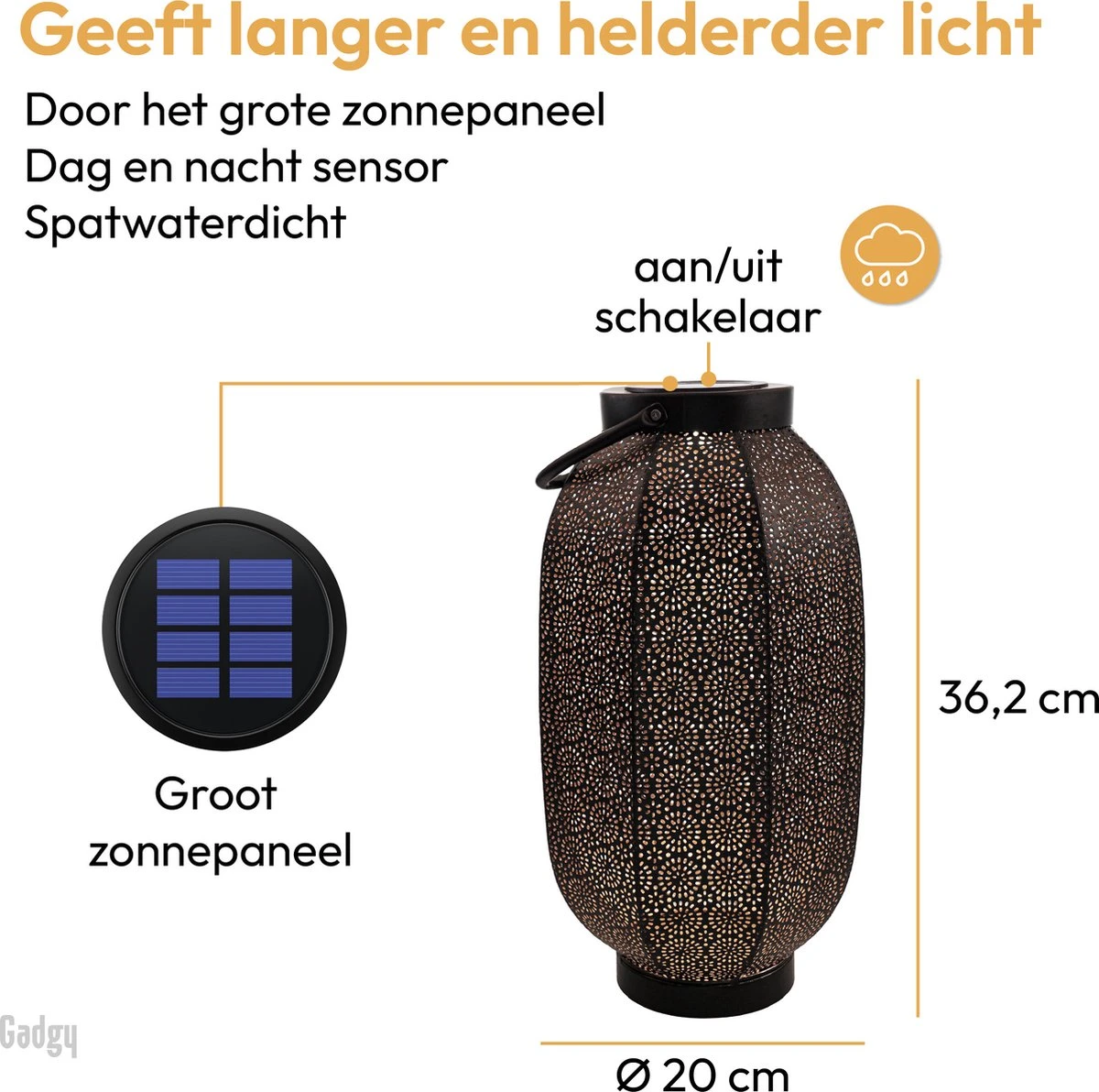 Gadgy Solar Lantaarn Bloem Groot - Solar Tuinverlichting Op Zonneenergie - Led Buitenverlichting Met Dag/nacht Sensor - Tafellamp - Tuinlantaarn - Metaal - 36 X Ø20 Cm - Zwart / Goud - Afbeelding 6
