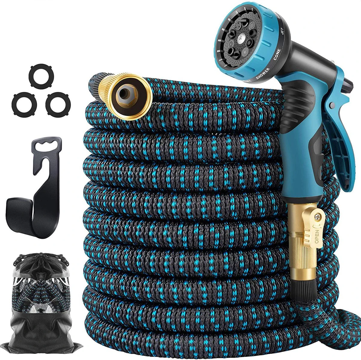 Strex Flexibele Tuinslang 15M Met Sproeikop - Uitrekbaar - Incl. Koppelingen, Ophanghaak & Opbergzak