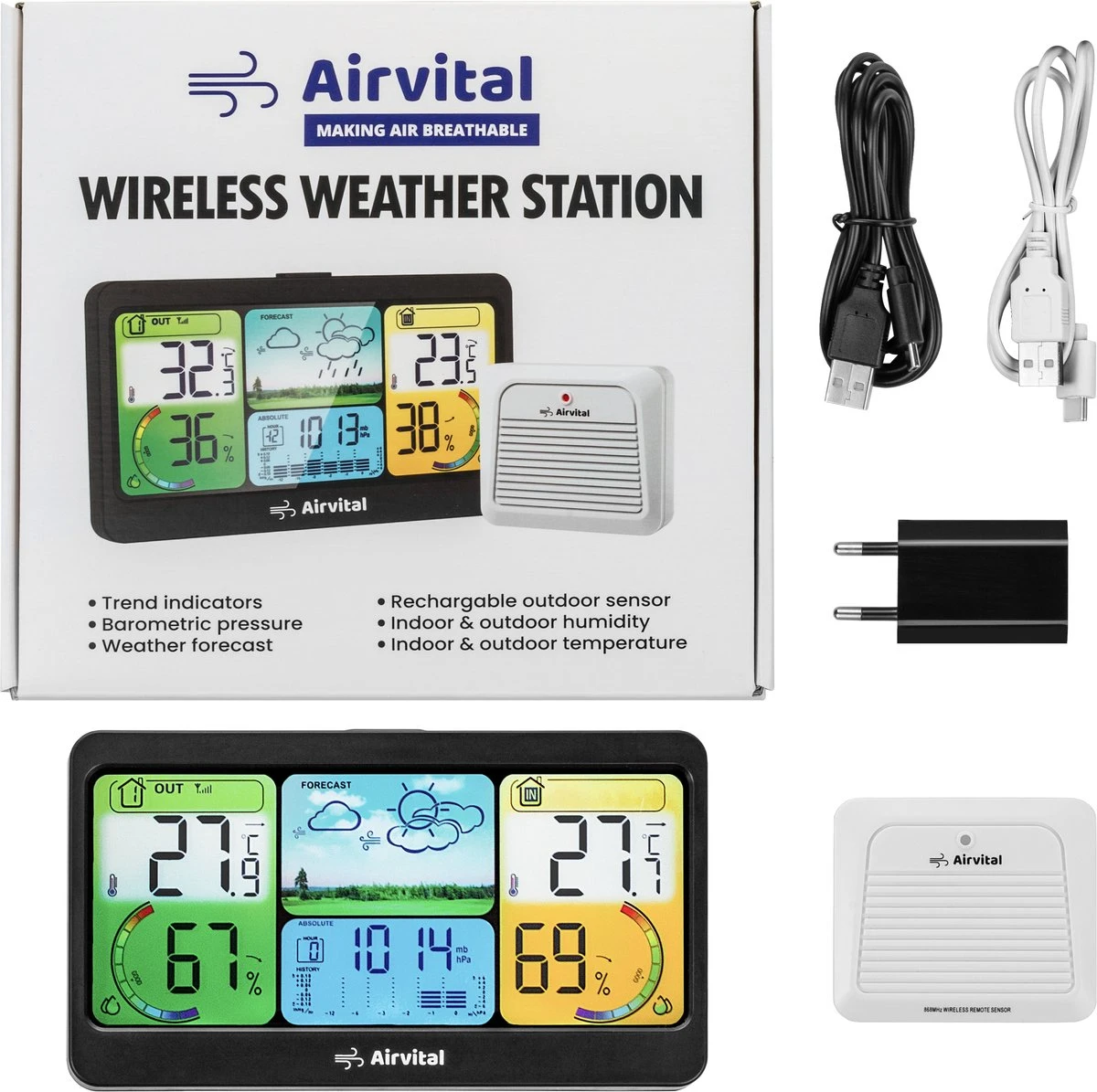 Airvital Weerstation Voor Binnen En Buiten - Draadloos - Oplaadbare Buitensensor Met 60m Bereik - Weersvoorspelling - Binnen En Buitentemperatuur - Barometer - Afbeelding 7
