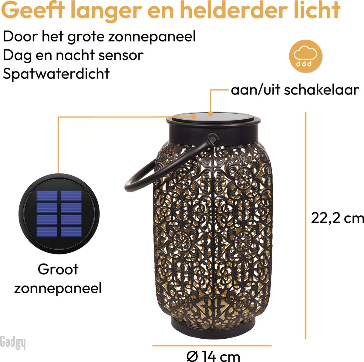 Gadgy Solar Oosterse Lantaarn - Tafellamp Set Van 2 - Solar Tuinverlichting Op Zonneenergie - Led Buitenverlichting Met Dag/Nacht Sensor - Hanglamp - Tuinlantaarn - 22xØ14CM - Metaal - Zwart - Afbeelding 7