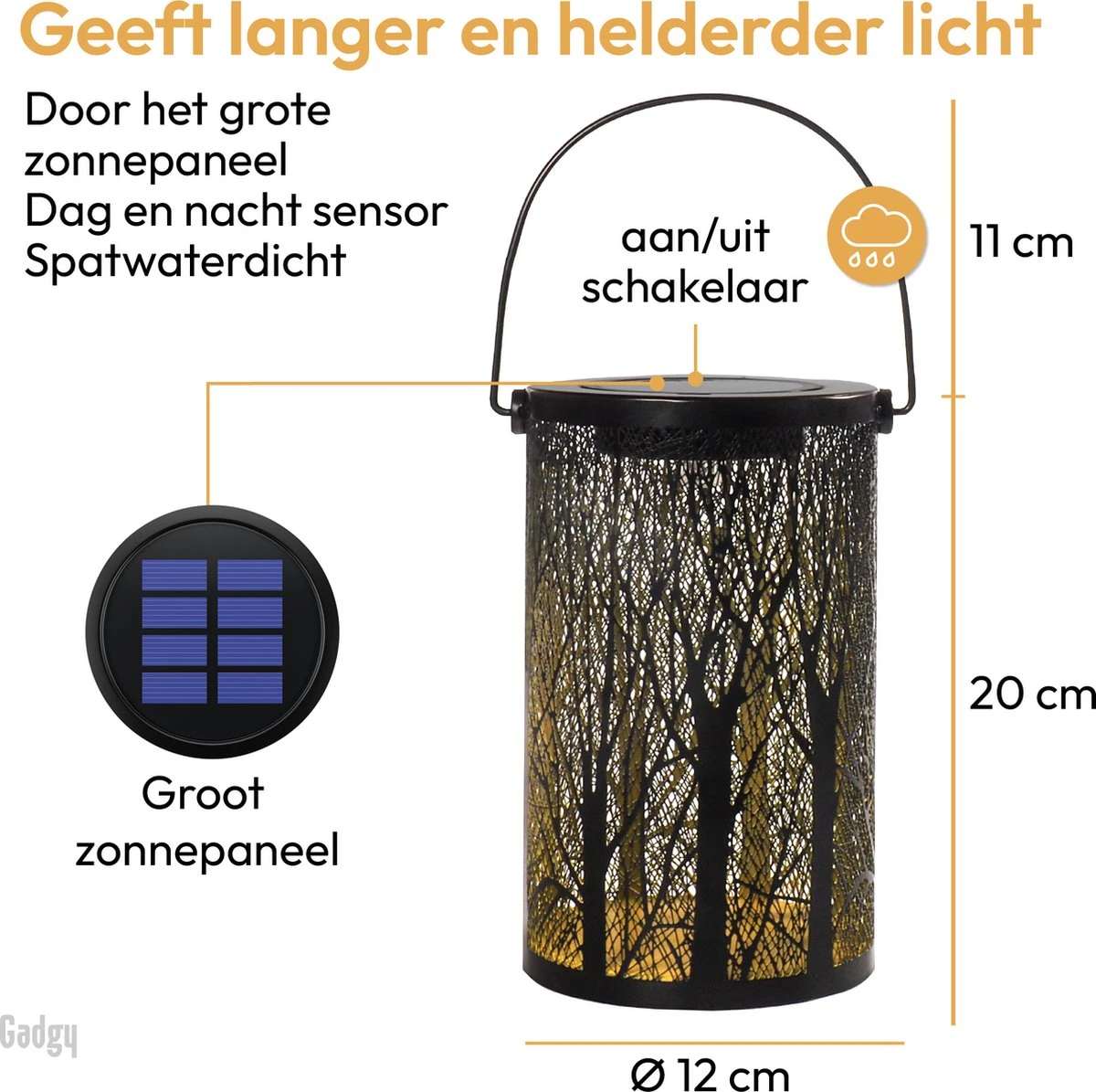 Gadgy Solar Tafellamp Boom Set Van 2 – Zwart/Goud – Metaal - Solar Tuinverlichting Op Zonneenergie – Led Buitenverlichting Met Dag/nacht Sensor - Tuinlantaarn - 20 X Ø12 Cm - Afbeelding 7