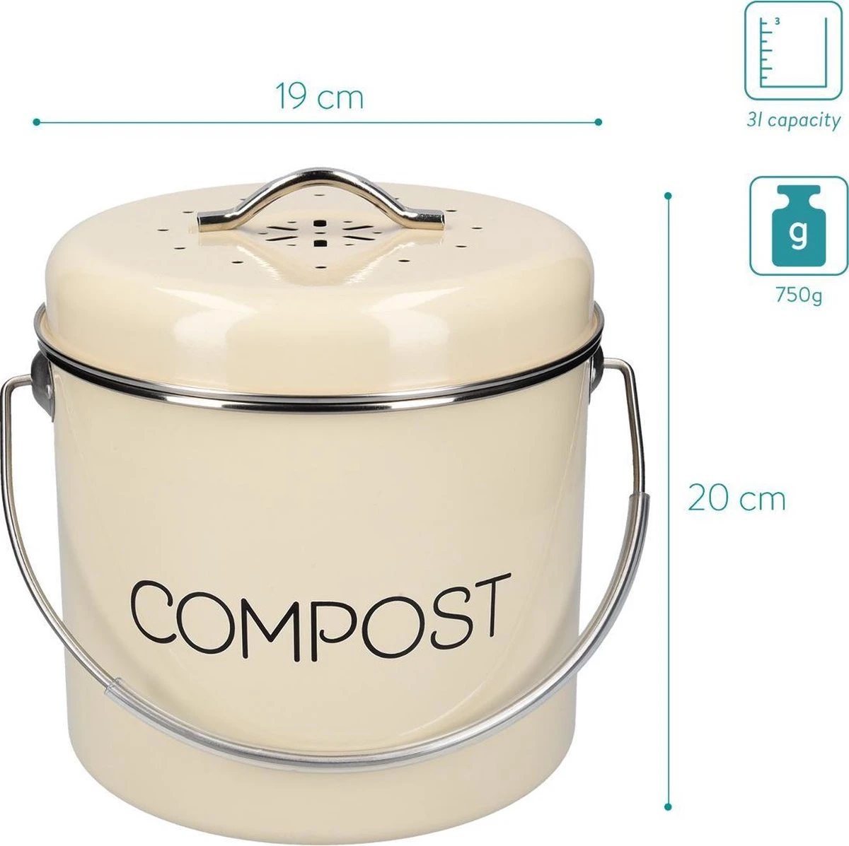 Navaris Metalen Compostbak 3L - Afvalbakje Met 3x Filter Tegen Vieze Geuren - Prullenbak Met Deksel Voor Gft-afval - Compostemmer Keuken - Crème - Afbeelding 3