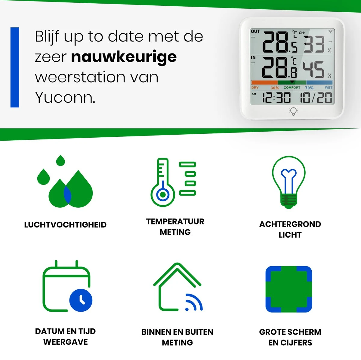 YUCONN Weerstation Hygrometer - Luchtvochtigheidsmeter - Binnen En Buiten - Draadloos Met Buitensensor - Digitaal - Wit - Afbeelding 3
