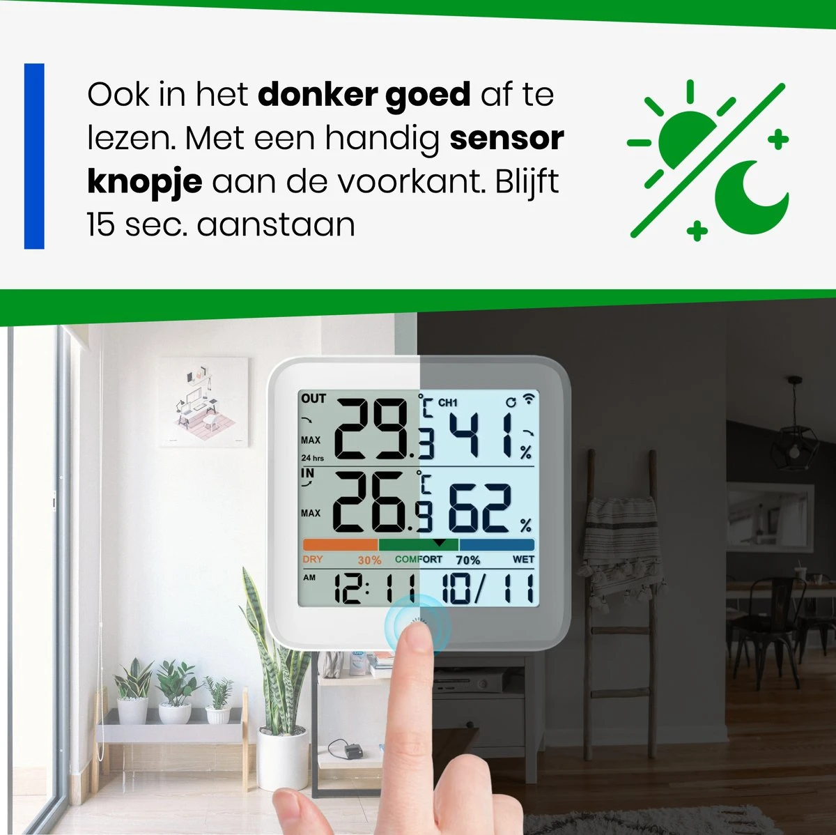 YUCONN Weerstation Hygrometer - Luchtvochtigheidsmeter - Binnen En Buiten - Draadloos Met Buitensensor - Digitaal - Wit - Afbeelding 4