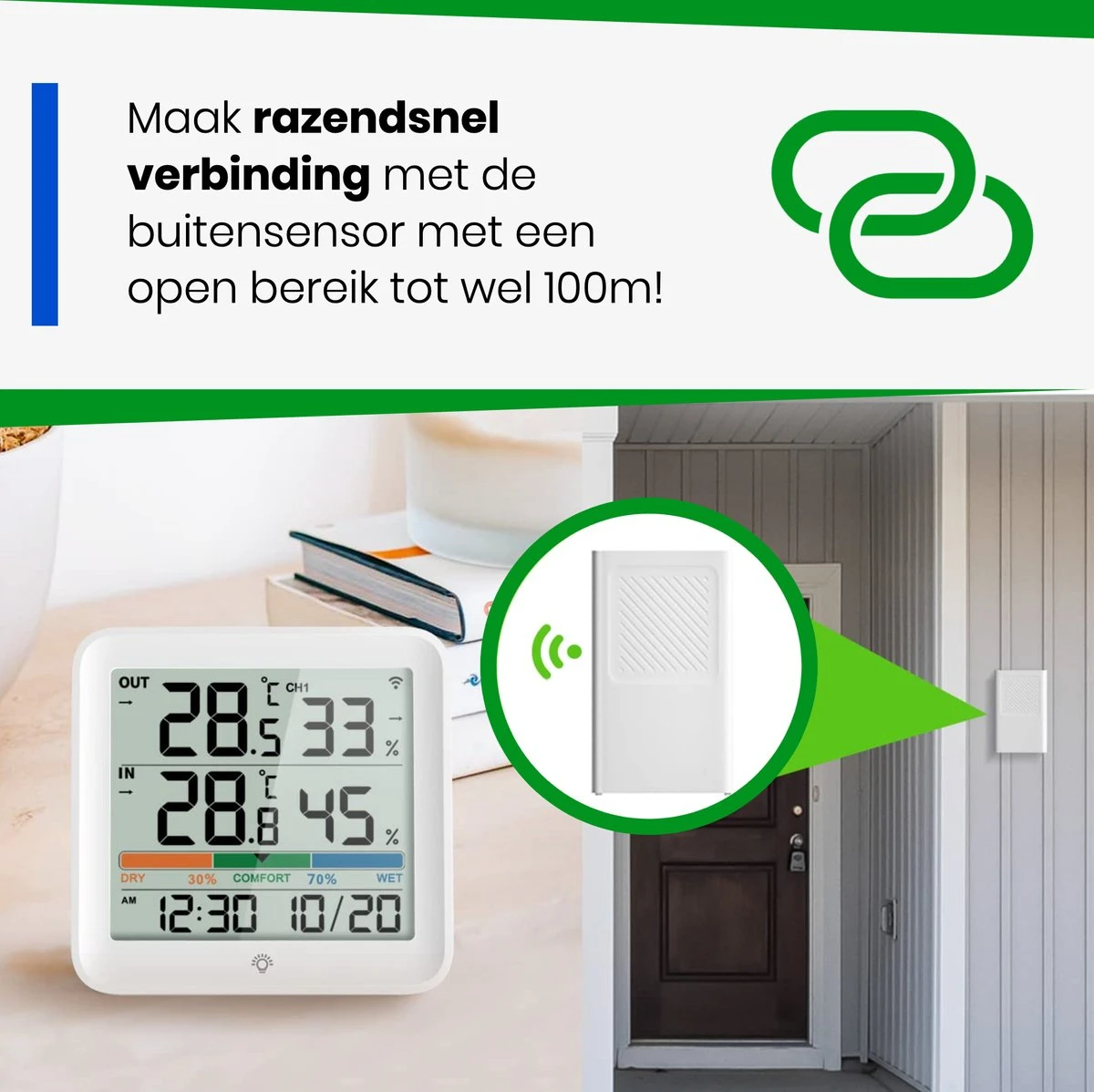 YUCONN Weerstation Hygrometer - Luchtvochtigheidsmeter - Binnen En Buiten - Draadloos Met Buitensensor - Digitaal - Wit - Afbeelding 5