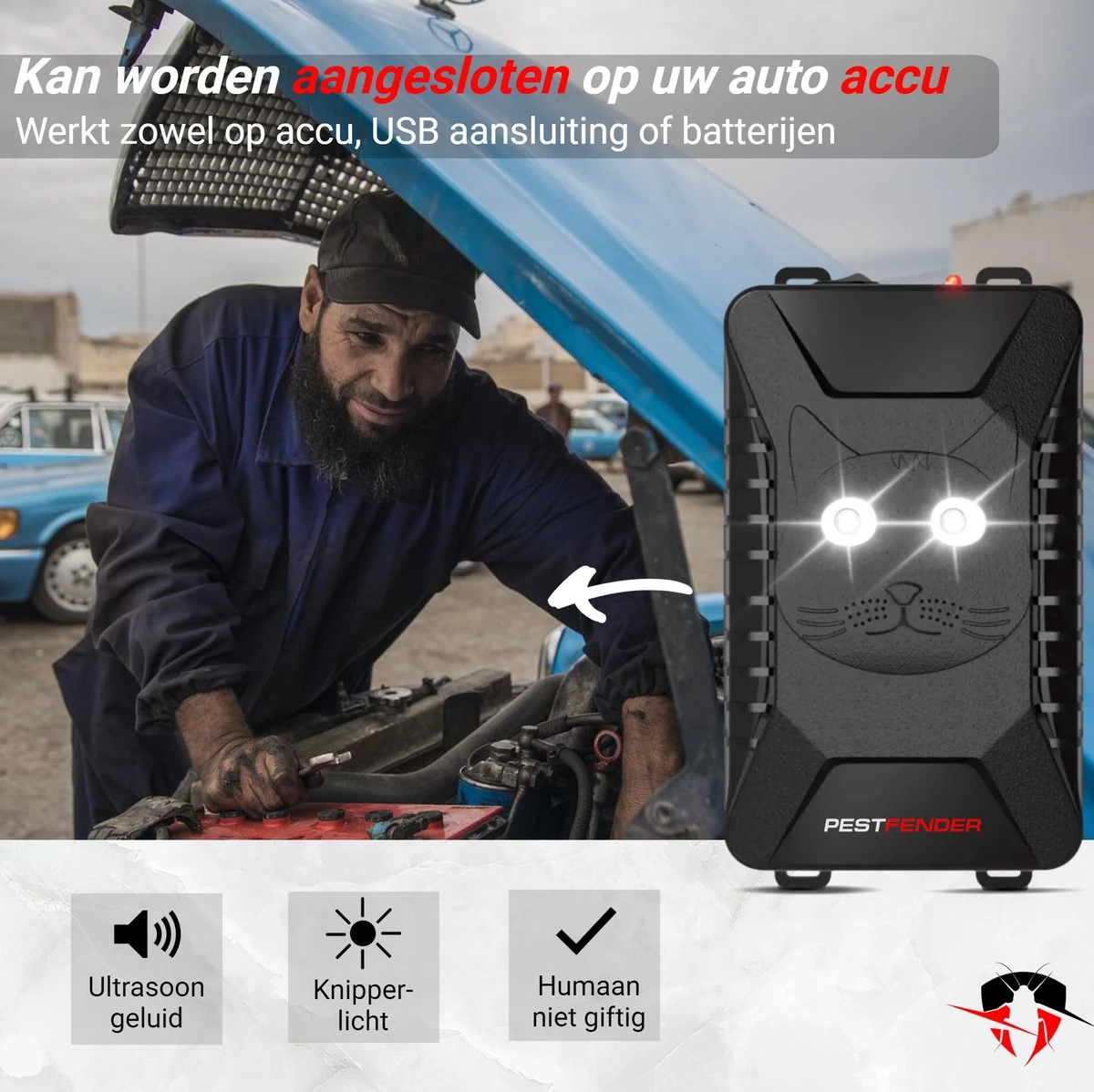 PestFender Marterverjager - Ongedierteverjager - Muizenverjager & Rattenverjager - Ultrasone & Flitsen - Werkt Op Autoaccu, Batterijen Of Netstroom - Voor Binnen, Buiten En Auto - Marter Verjager - Steenmarter - Afbeelding 3