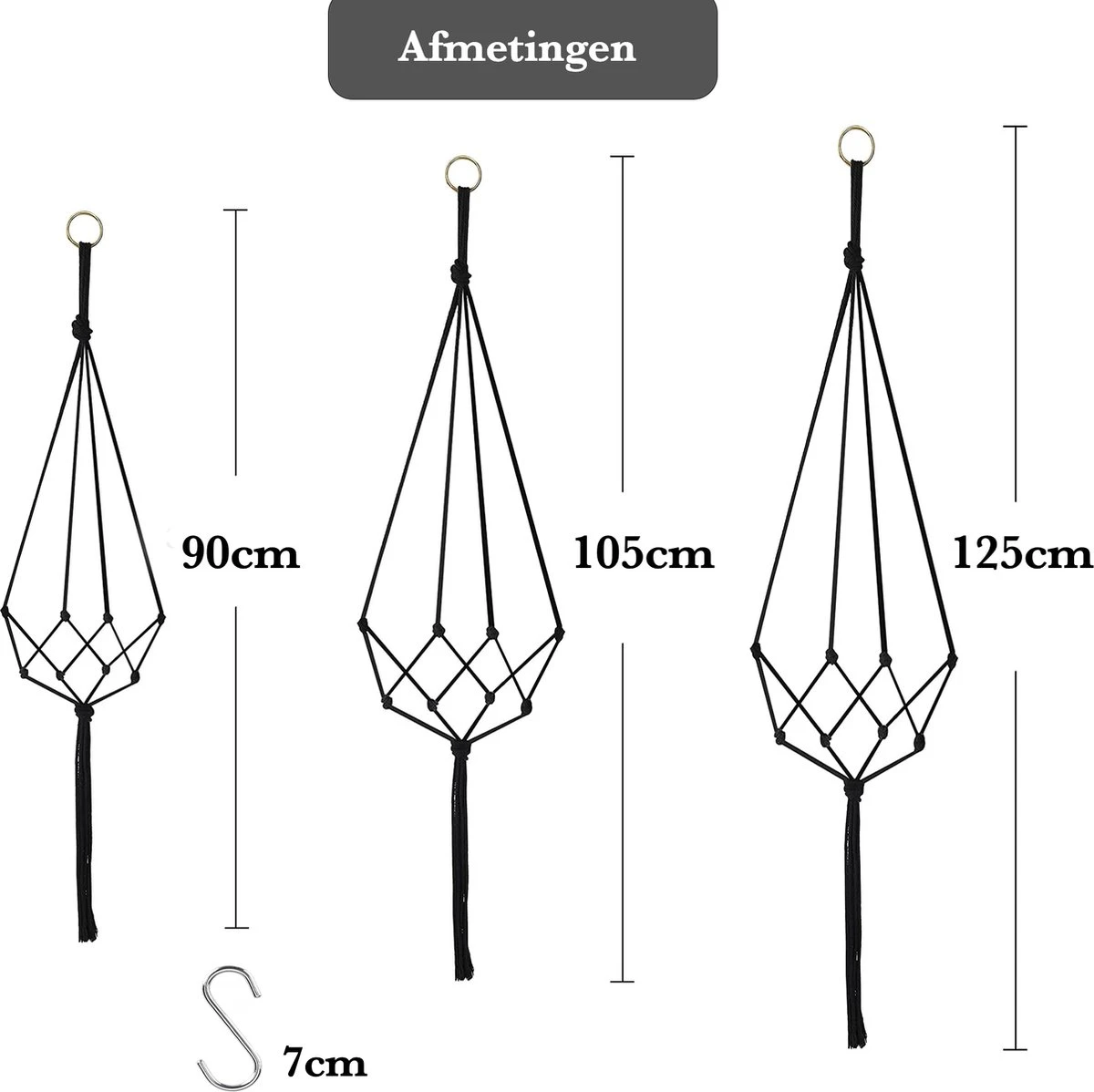 9 Stuks Zwart Macrame Plantenhangers - Boho Handgeweven Katoen Hangpot Voor Binnen/Buiten - Hangende Bloempot Met Kralen - Macramé Touw/Koord Hangplant Houder - Bohemian Wandhanger Decoratie - Plant Hanger - Verticale Tuin Bloempothouder Planthanger - Afbeelding 9