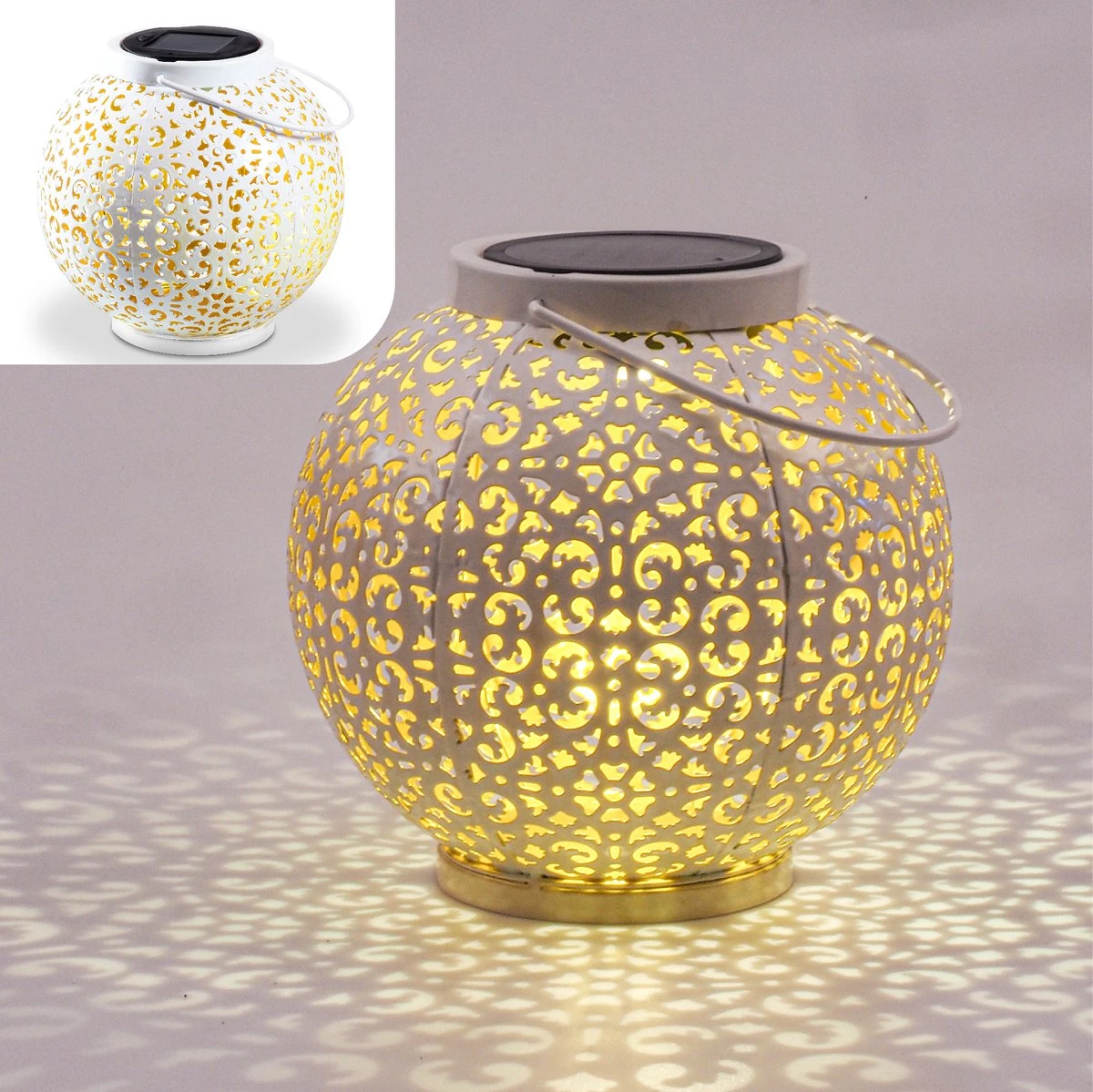 Gadgy Solar Lantaarn Rond Wit - Solar Tuinverlichting Op Zonneenergie - Led Buitenverlichting Met Dag/nacht Sensor - Tuinlantaarn - Hanglamp - Tafellamp Metaal - 20 X Ø17.5 Cm