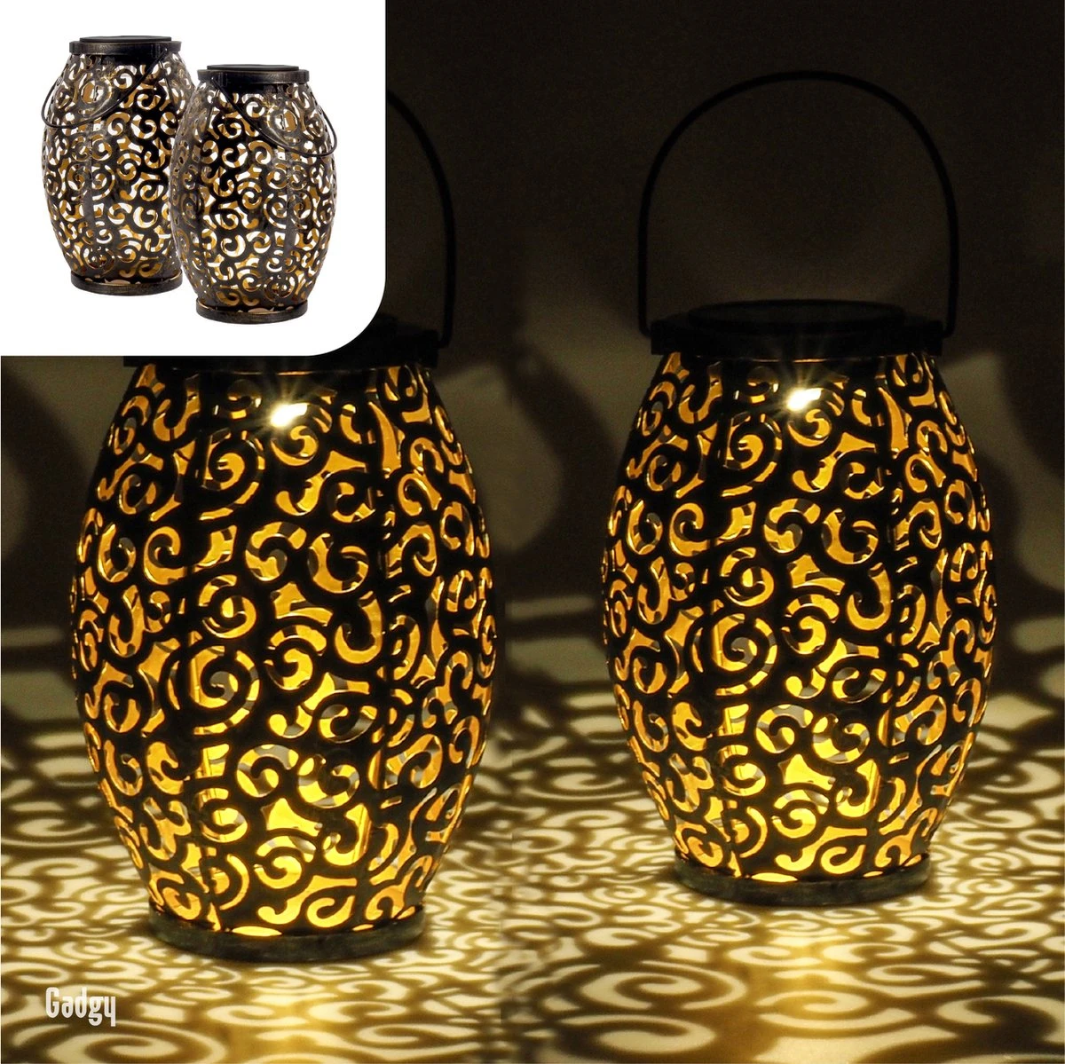 Gadgy Solar Oosterse Lantaarn - Tafellamp Set Van 2 – Solar Tuinverlichting Op Zonneenergie – Led Buitenverlichting Met Dag/Nacht Sensor - Hanglamp - Tuinlantaarn - 21.5 X Ø15CM - Brons - Metaal